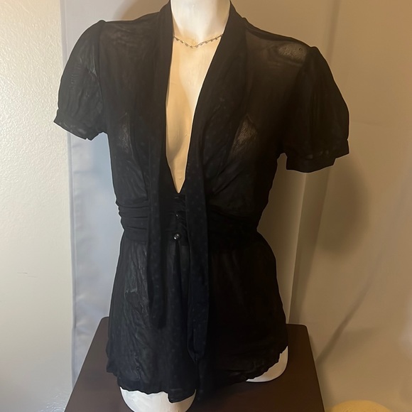 Women’s black sheer polka dot blouse with tie strings on the neck for bow - Picture 3 of 13